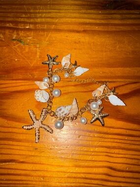 Gold Shell & Starfish Charm Bracelet with Pearls - Women Jewelry